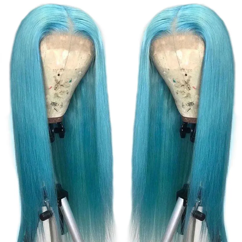 Customized Lace Front Human Hair Wigs Light Blue ...