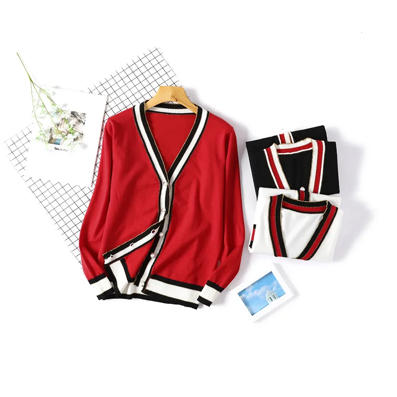

2019 new Autumn Winter knit jacket sweater shawl cardigan small three stripes thin female cardigan