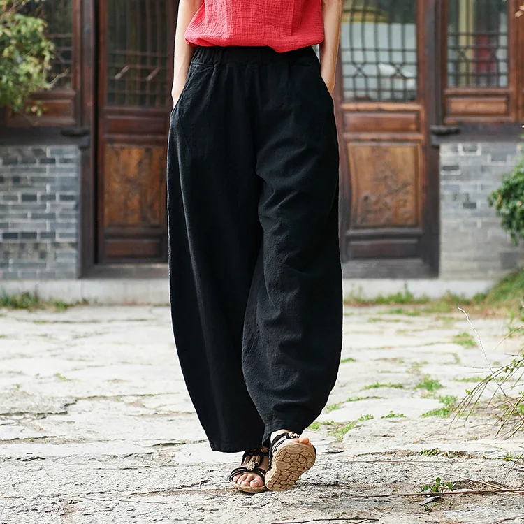 LZJN 2019 New Women Solid Color Pockets Loose Pants Vintage Elastic Waist Cotton Linen Wide Leg Full Length Pants (37)