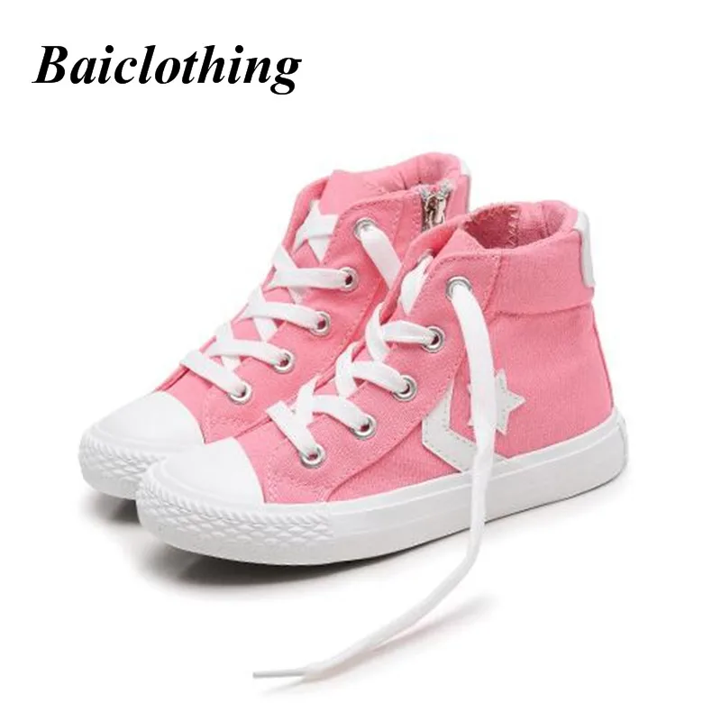Детская парусиновая обувь для девочек тапки высокого верха мальчиков обувь детская обувь звезды модные кроссовки на плоской подошве со шнуровкой Размеры 25-38 - Цвет: Розовый