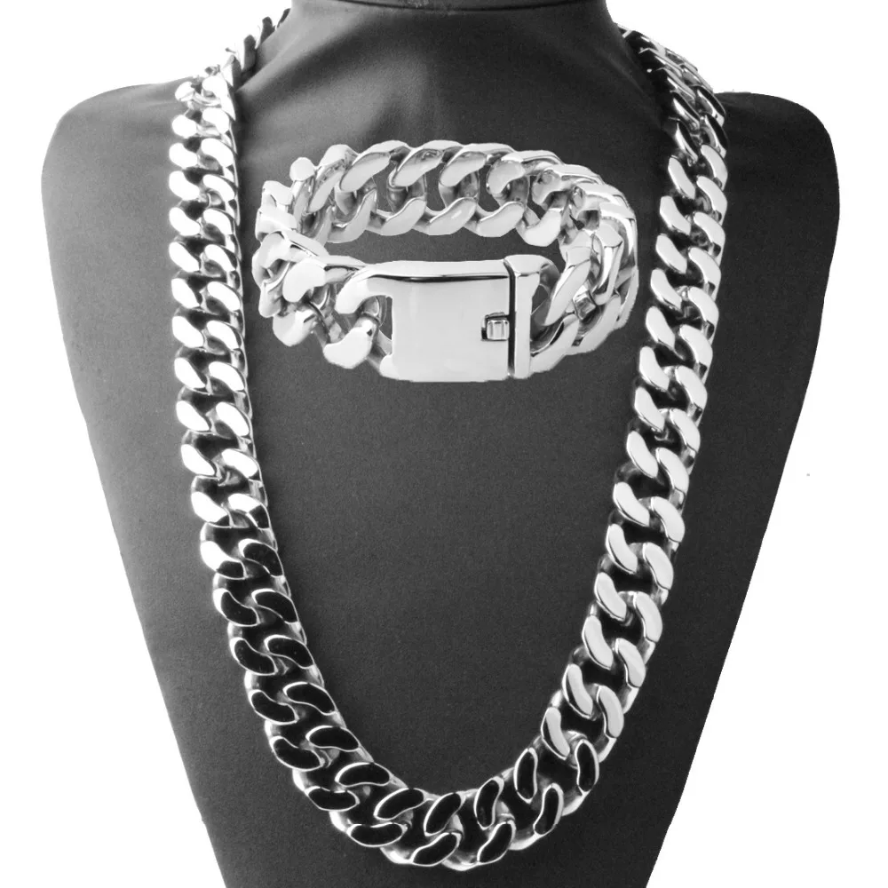 

Jewelry Set 20mm Mens Chain Boys Necklace Curb Cuban Link Silver Gold Tone Stainless Steel Necklace Bracelet Set Jewelry Gift