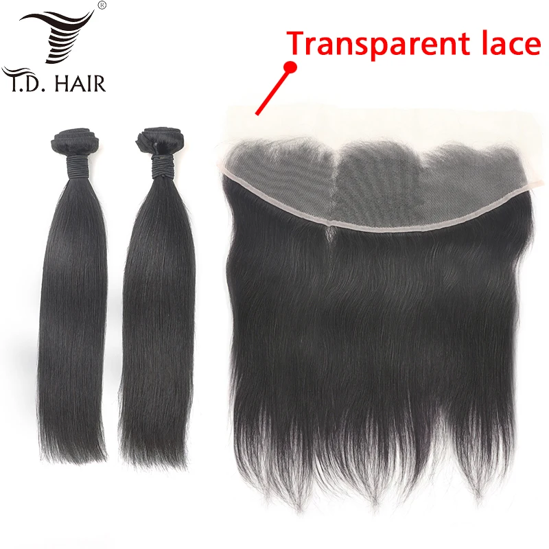 

2 Bundles Straight Hair Bundle with 13*4 Transparent Lace Closure Free Part 10-28 inch Peruvian Human Hair for Women