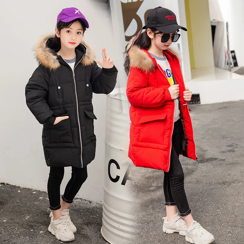 

-25Degree New Children Winter Jacket Girl Winter Coat Kids Warm Thick Fur Collar Hooded long down Coats For Teenage 6 8 10 12 14