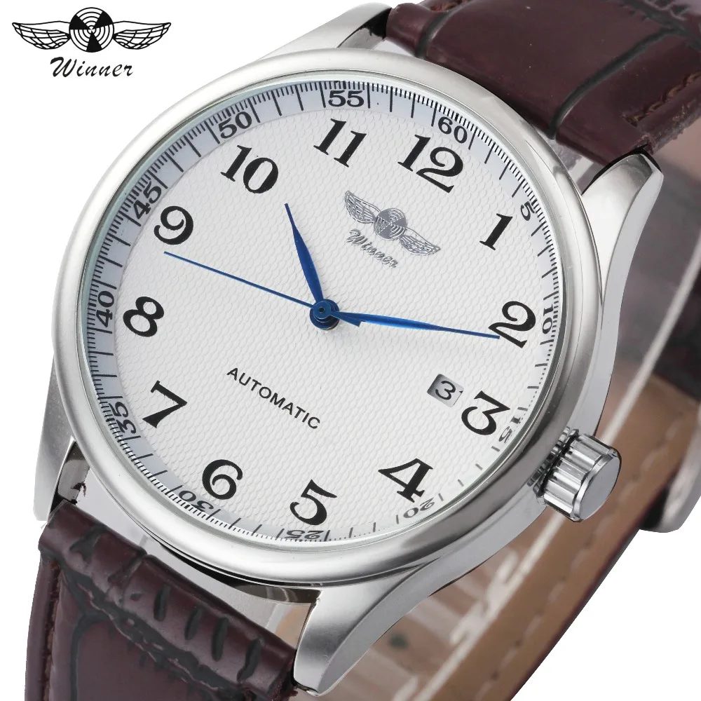 

2018 WINNER Fashion Men Auto Watch Leather Strap Male Mechanical Concise Calendar Date Dial Blue Hands Top Brand Wristwatch Gift