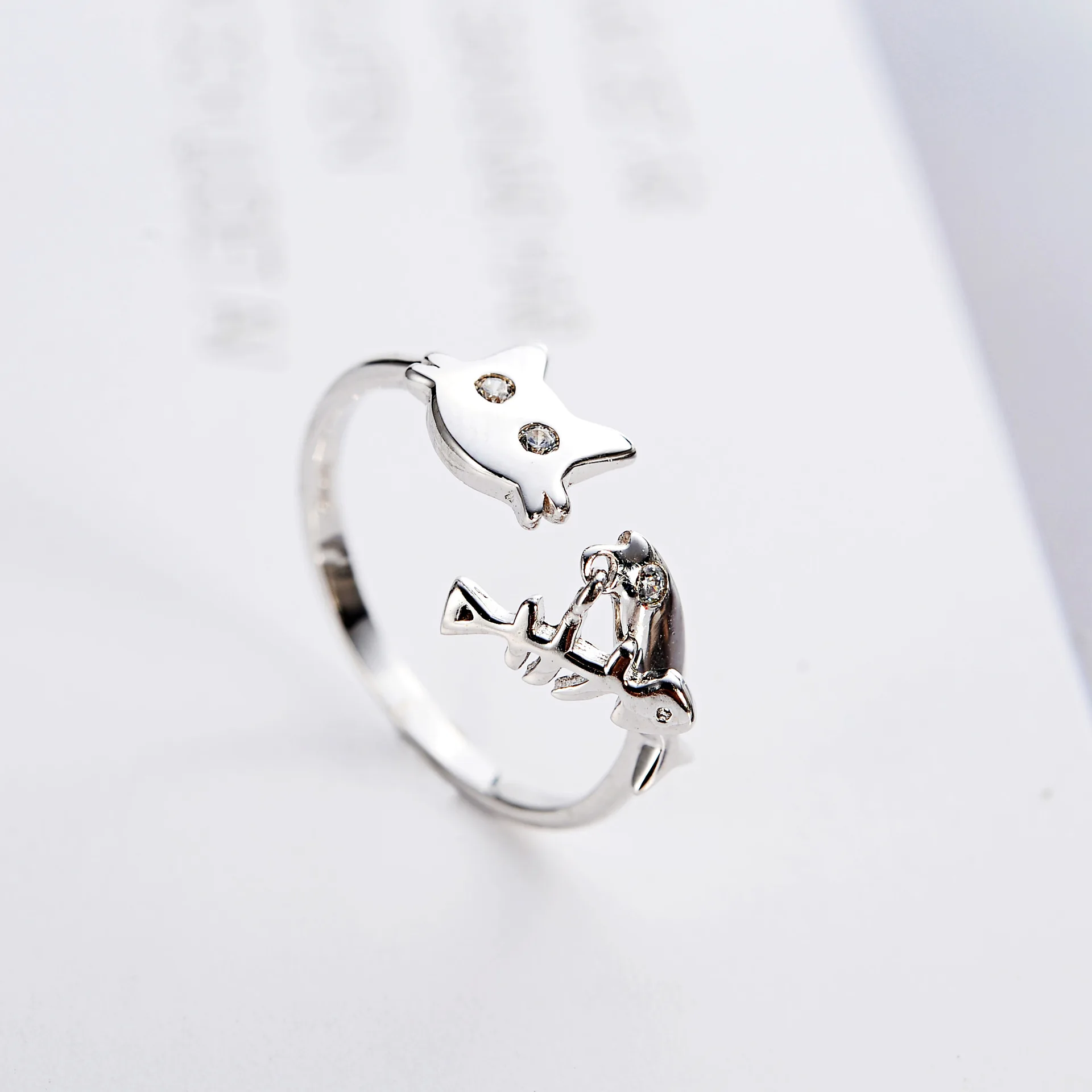 cat and fish open ring 100% Sterling 925 silver Jewelry Vintage Adjustable rings for women girl gift