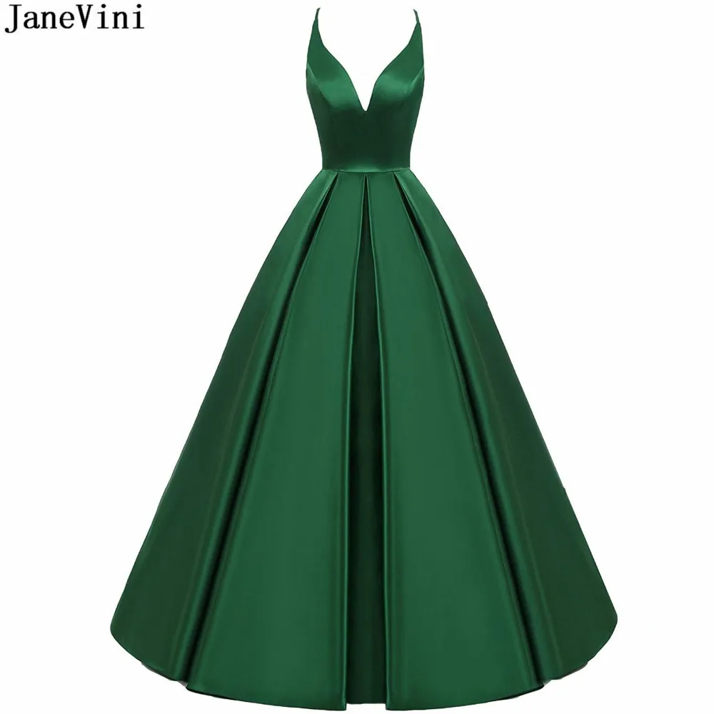 

JaneVini 2019 Elegant Emerald Green Ball Gown Long Bridesmaid Dresses Sexy Deep V Neck Backless Satin Dress Vestido Longo Verde