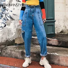 TWOTWINSTYLE, джинсовые брюки для женщин, штаны-шаровары для женщин, большие размеры, высокая талия, на шнуровке, с дырками, женские джинсы, осень, модная новинка