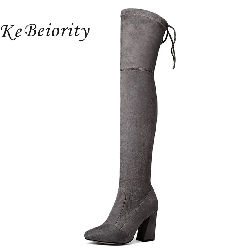 

KEBEIORITY Sexy Long Boots Women Faux Suede Slim Boots Western Style High Heels Stretch Over the Knee Boots Female Shoes 2019