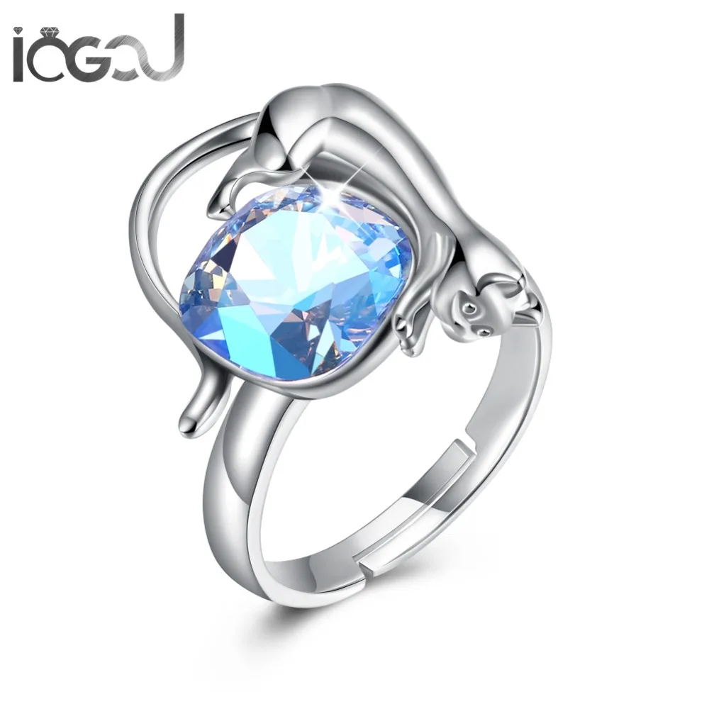 

IOGOU 925 Sterling Silver Crystals From Swarovski Blue Solitaire Animal Cat Rings Ladie's Anniversary Birthday Party Wholesales