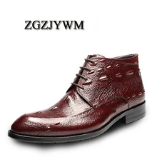 ZGZJYWM/Роскошные повседневные мужские ботильоны из натуральной кожи с острым носком на шнуровке и крокодиловым узором в деловом стиле
