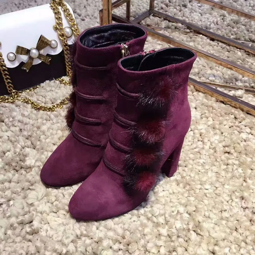 

2017 New Arrival Wedding Party Dress Shoes Women Round Toe High brand Booties Mujer famous Fur Embellished Ankle Boots