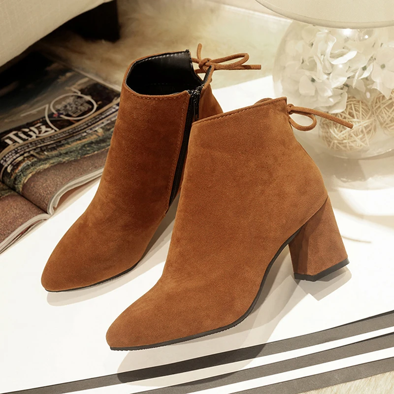 

2018 Women Boots Flock Ankle Boots Pointed Toe Winter Women Boots Ladies Thcik Heel Western Stretch Fabric Shoes Big Size 34-45