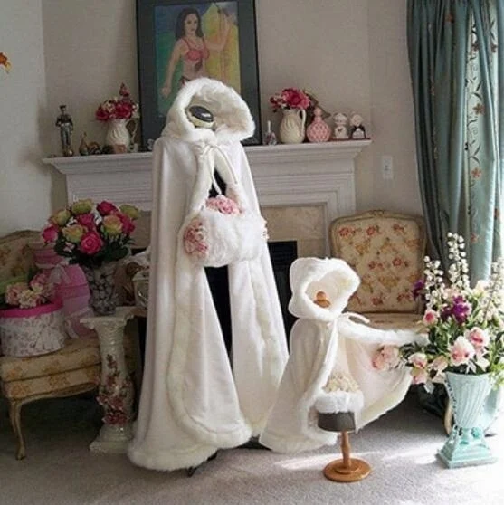 Long warm cloak white ivory bride winter wedding cloak shawl satin + faux fur coat flower girl SHAWL children's
