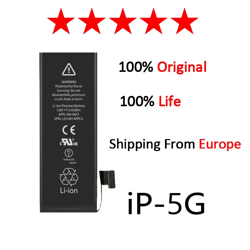 

10pcs/lot AAAAA Quality For iphone 5g 5s Zosol Lithium Battery For iphone 5g 5sReplacement Battery Internal Phone Batery 1751mAh