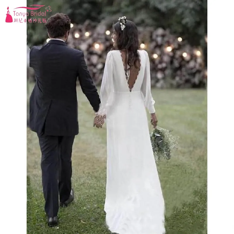 Белое шифоновое пляжное свадебное платье трапециевидной формы с длинными рукавами, v-образным вырезом, открытой спиной, бохо, садовое платье невесты, свадебное JQ596