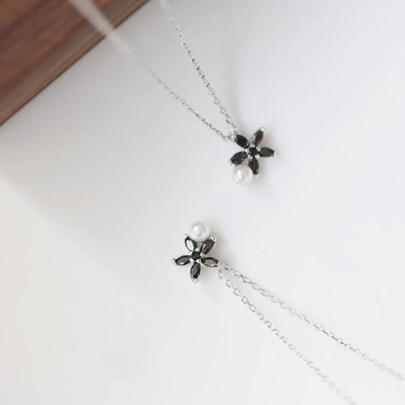 Black Cute Flower Chrysanthemum Pearl 925 Sterling Silver Clavicle Chain Temperament Trendy Female Necklace SNE156