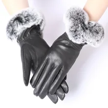 Кожаные перчатки женские из овчины с мехом кролика рекс перчатки из овчины зимние толстые плюс кашемировые кожаные перчатки с сенсорным экраном