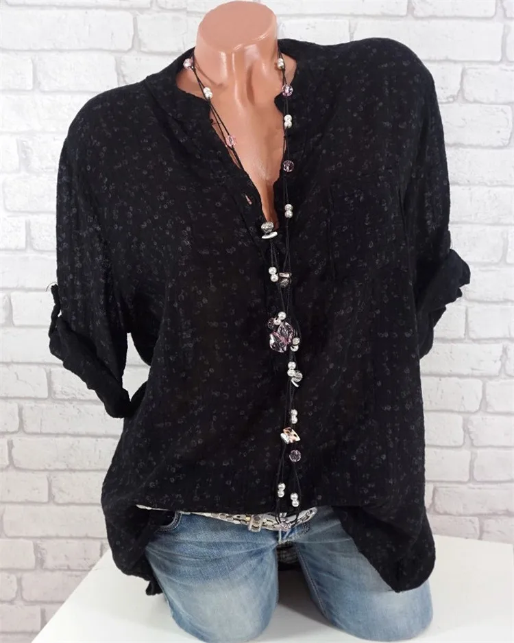 Large size Ladies Blouse spring and summer new V-neck long sleeve shirt printed loose casual Women's shirt thin section - Цвет: Черный