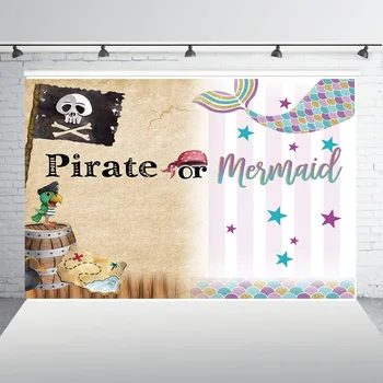

HUAYI Mermaid or Pirate Gender Reveal Backdrop Summer Baby Shower birthday Party Decor Turquoise purple Photo Background W-1984