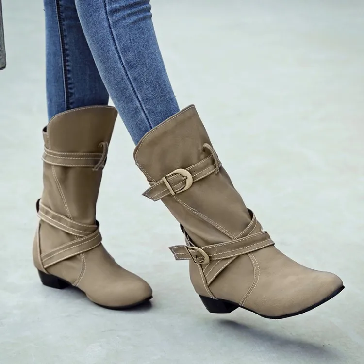 

Big Size 11 12 13 14 Fashionable cross-strap buckle, pointed head, low heel sleeve, mid-cylinder boots