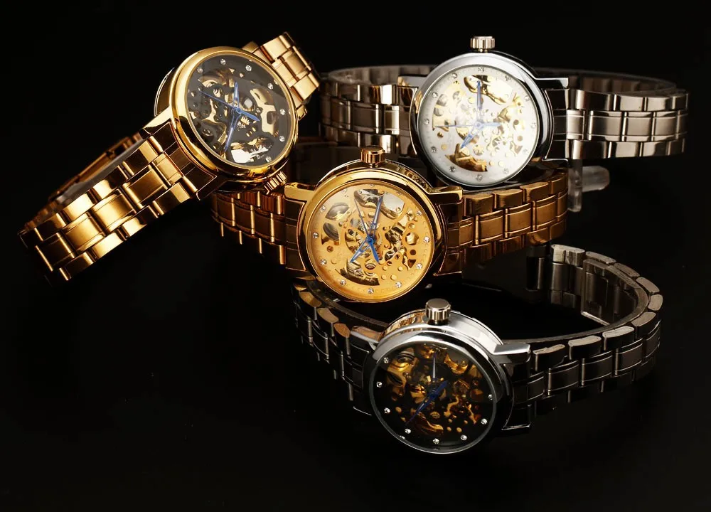 Часы Winner со стальным ремешком со стразами и золотым скелетом женские часы с синей указкой механические Автоматические женские наручные часы с платьем для девочек