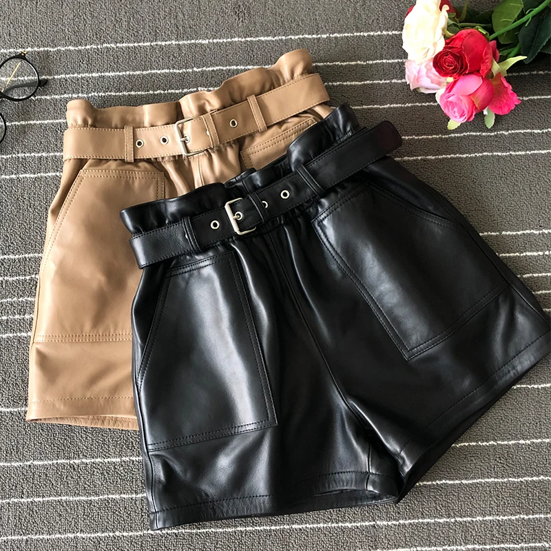 

2019 Fall women high quality real leather Shorts Chic women high-waist wide-leg leather short trousers A682