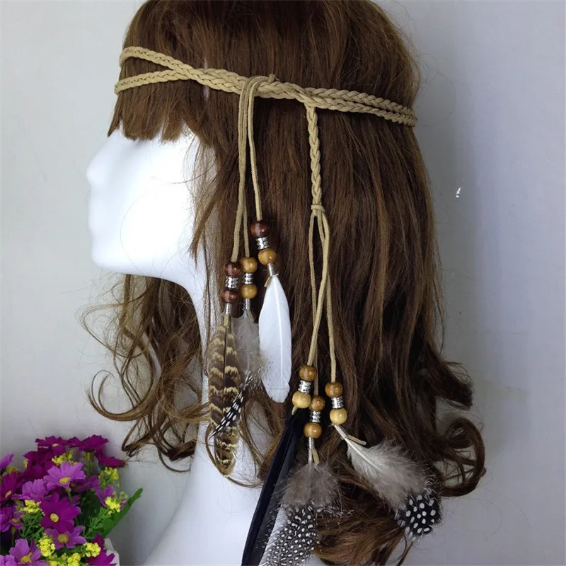 Богемный стиль индийская повязка на голову с перьями резинка для волос на голове Племенной хиппи ручной работы аксессуары для волос для женщин 38
