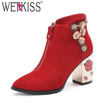 

WETKISS Kid Suede Ankle Women Boots Appliques Boots Shoes 2018 Autumn Fashion High Heels Ladies Shoes New Pointed Toe Footwear