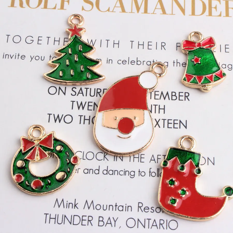 

Free Shipping 10pcs Christmas Style Enamel Alloy Charms Gold Tone Plated Oil Drop Tree Bell Socks Ribbon Gift Circle Pendants