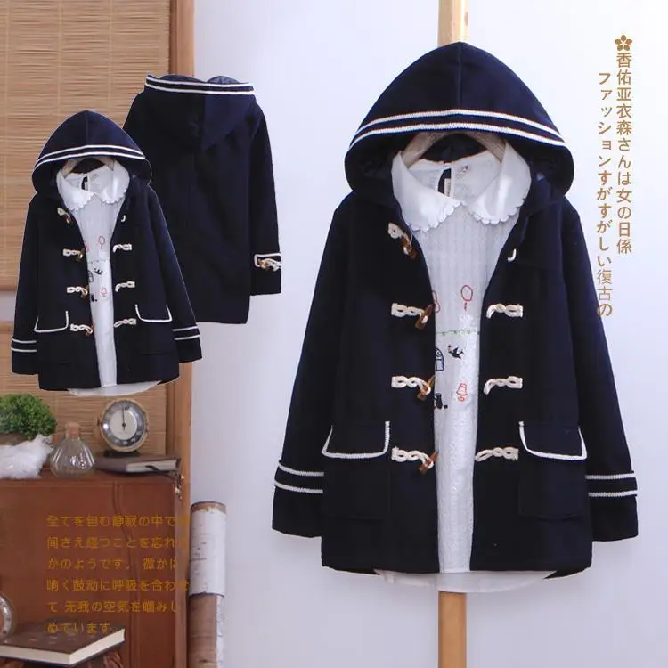 2015 spring new women 's casual hooded jacket navy style horn button