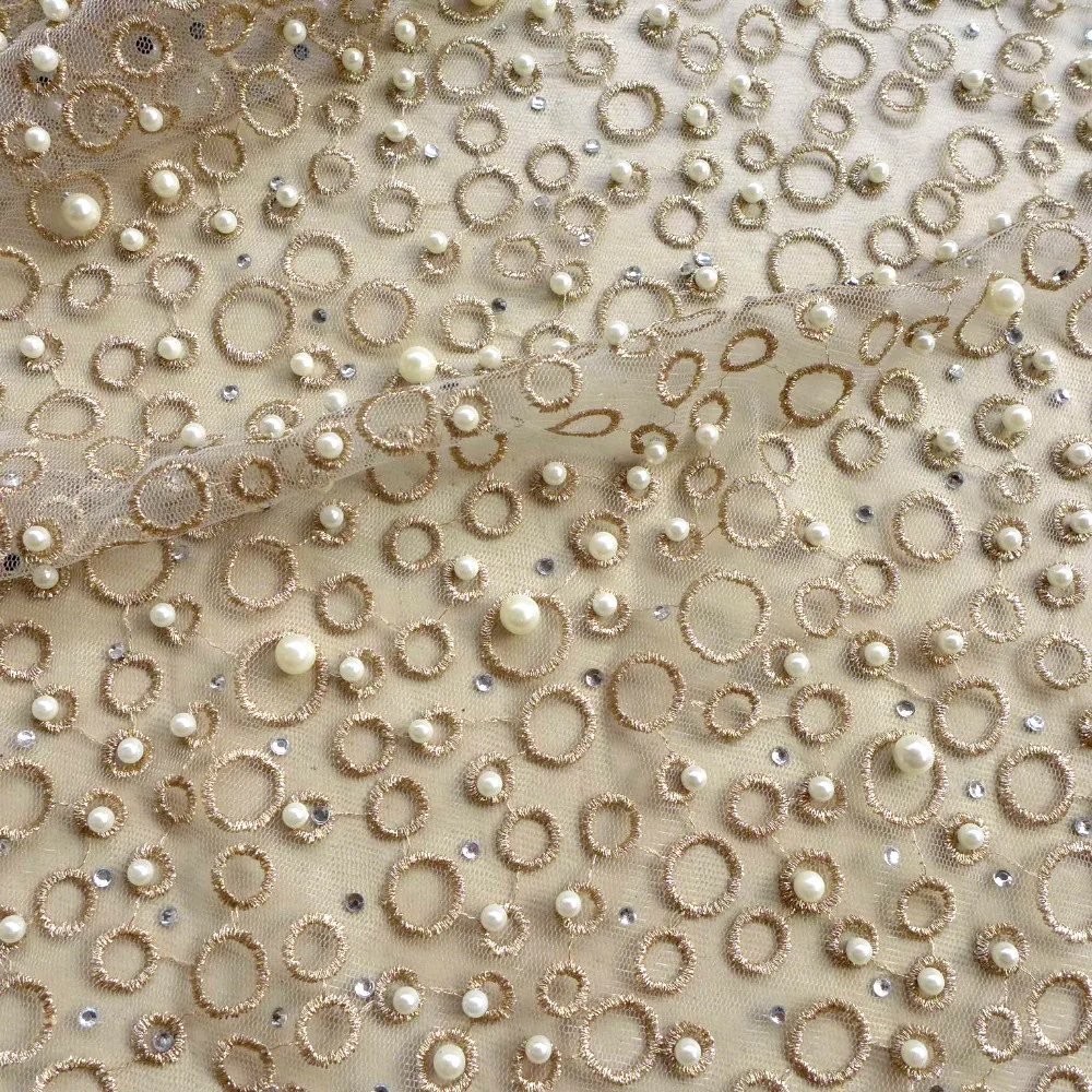 

New fashion metallic stones pearls high grade on netting embroidered wedding dress/evening/show dress lace fabric by yard