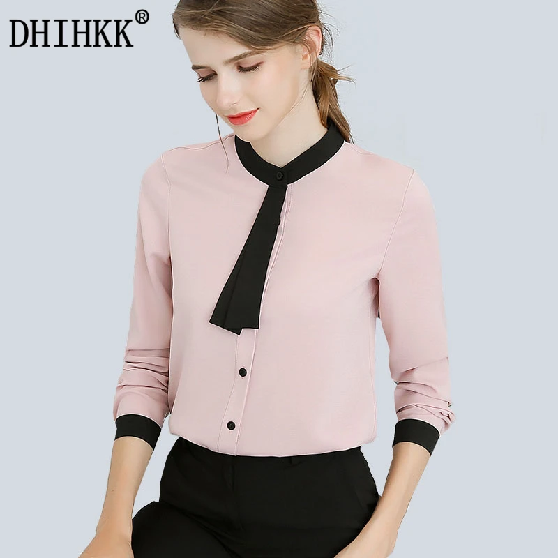 

DHIHKK 2018 New Arrival Women Chiffon Blouses Spring Autumn White Pink Tops Shirt Fashion Scarf Neck Business Office Blusas
