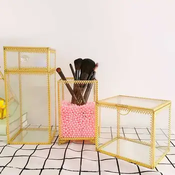 

Nordic Glass Jewelry Storage Box Pure Copper Jewelry Box Home Decor Retro Cosmetic Brush/Eyebrow Pencils Container Organizer