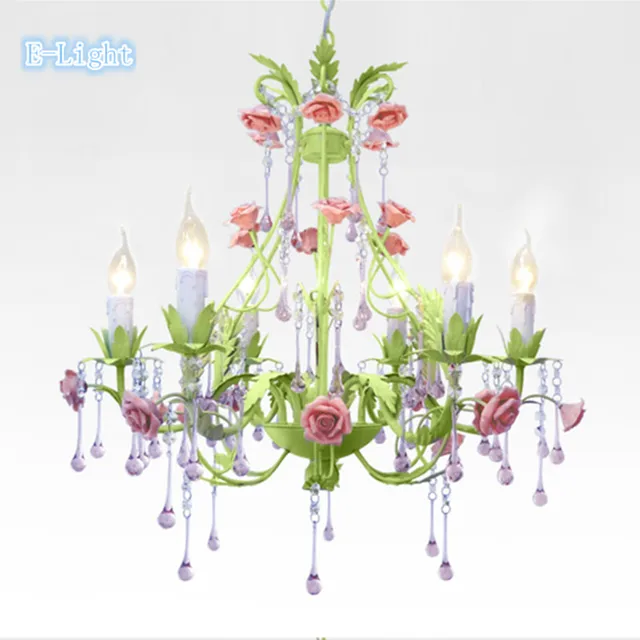 6lamps Crystal Chandeliers Bedroom Lamp Rose Flower Personalized 6lamps Crystal Chandeliers Bedroom Lamp Rose Flower Personalized Iron Ceramic Chandelier Pink Green