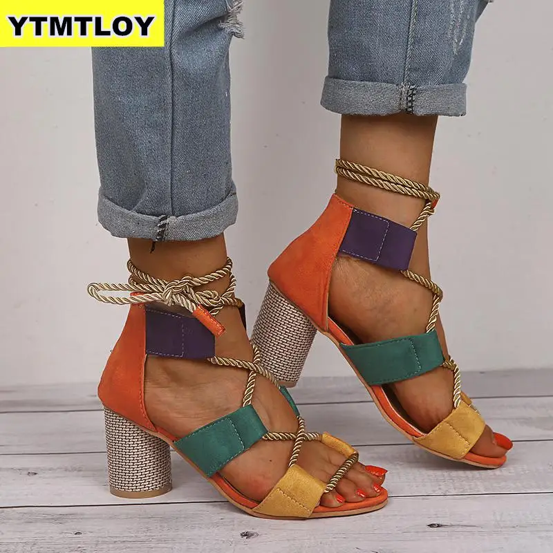 Women Sandals Lace Up Summer Shoes Woman Heels Pointed Fish Mouth Gladiator Pumps Hemp Rope High Knot rope Strap Sexy