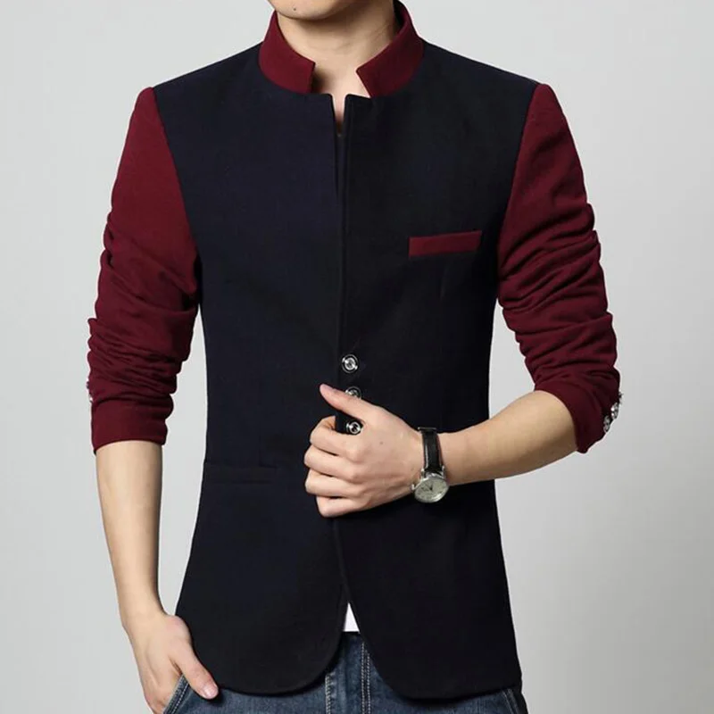 Мужской блейзер с воротником-стойкой, китайский пиджак, контрастный цвет, пэчворк, повседневный пиджак, однобортный мужской пиджак, s туника