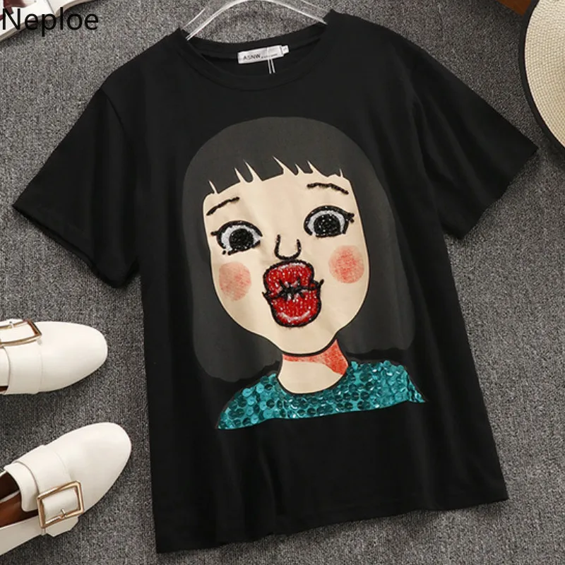 

Neploe Harajuku Summer 2019 Women Tops Fashion Character Print Sequined Patchwork T-shirts Korean Loose Beading Tees 43285