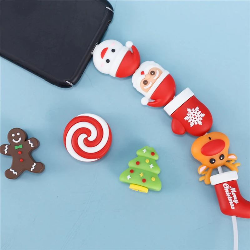 

1 Piece Christmas Mobile Phone Strap Silicone Cable Bite Protector Cable Winder Phone Holder Santa Elk Snowman