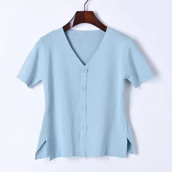 

2018 Summer New Style Pure Color V Collar Short Sleeve Knitted Blouse Women's Fashion Casual All Matched Bottoming Shirt Tops
