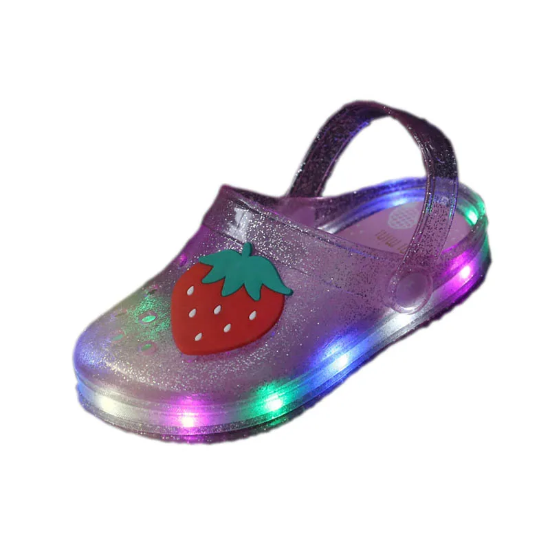 

girls Jelly fruit Strawberry banana slippers with led light summer kids Non-slip Hole Glowing Beach sandals Shoes size 25-35