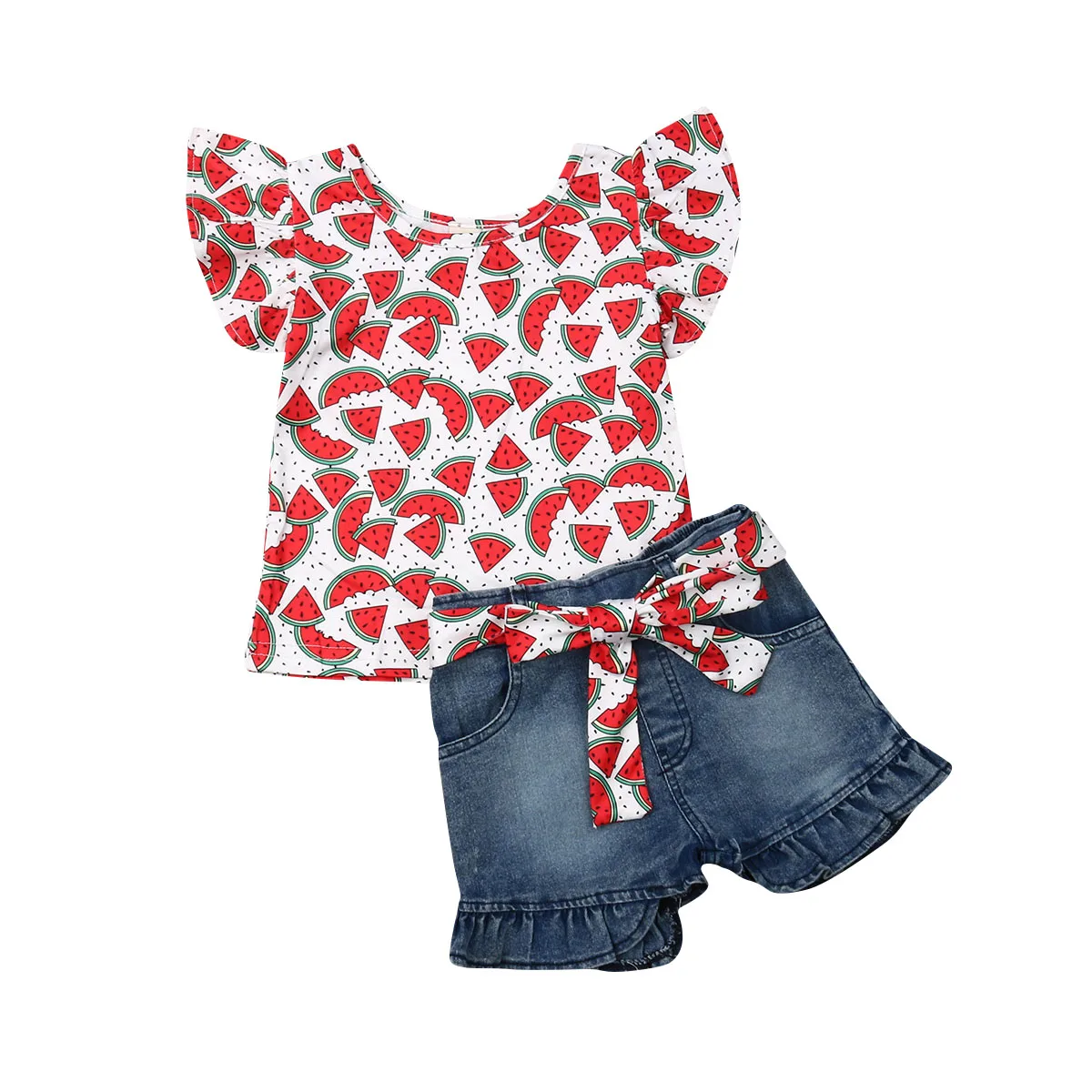 

Summer Kid Girls Clothes Set Watermelon Toddler Girls Costumes Ruffles T shirt + Bow Denim Short Outfit Holiday Beach Clothes