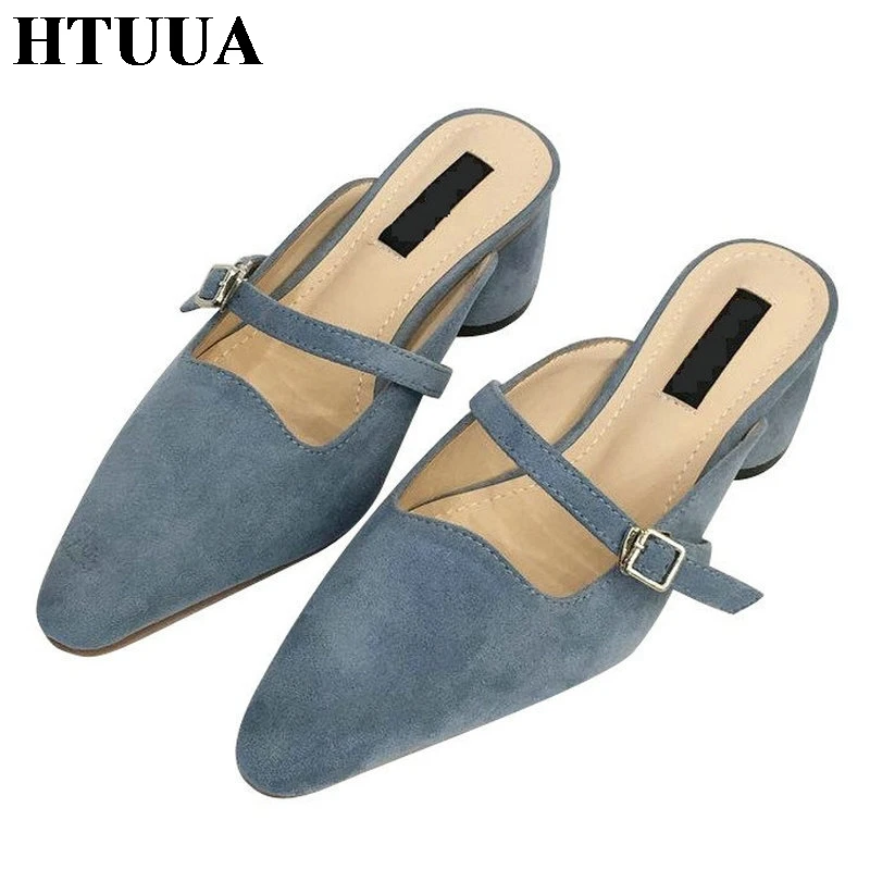 

HTUUA 2019 Spring Summer Med Heel Mules Shoes Women Slippers Casual Close Pointed Toe Slip On Slides Ladies Sandals Woman SX2666