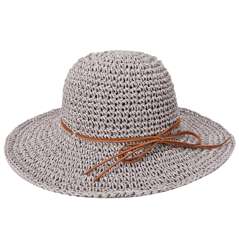 Fashion Summer Round Straw Rattan Sun Hat for Women Summer Beach Outdoor Bow Floppy Hat Folding Wide Brim Dome Sun Cap - Цвет: Grey