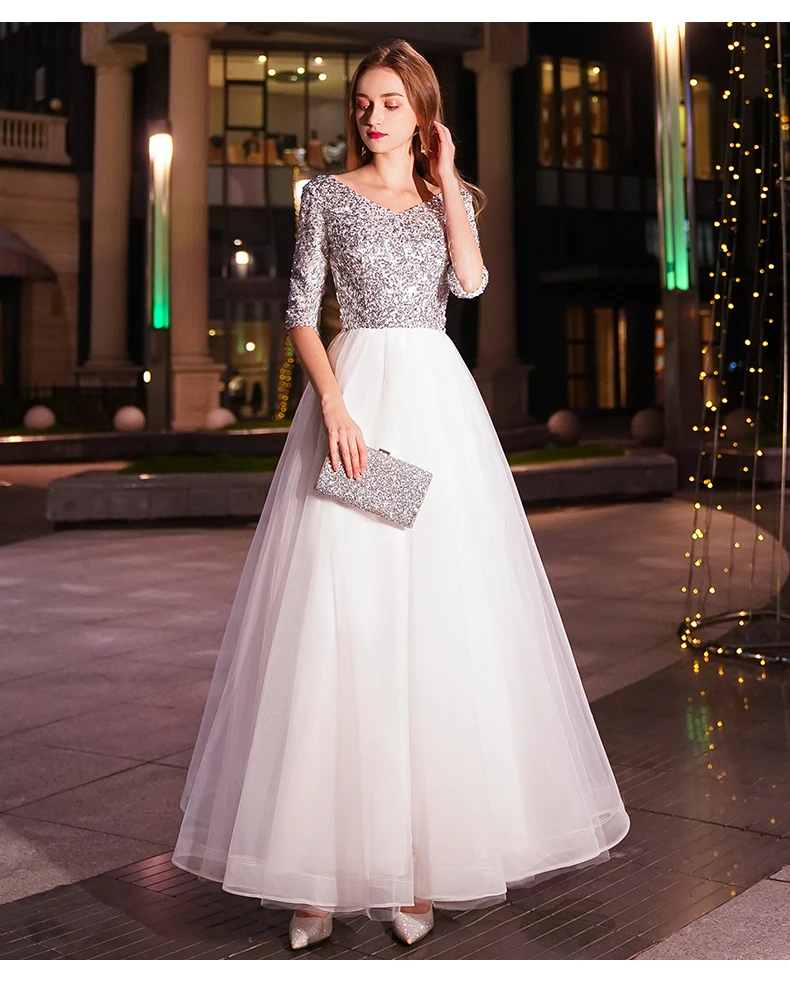 weiyin White A-line Long Evening Dresses V-neck Half Sleeves Floor Length Sequined Evening Dress Formal Party Dress Prom Dress black evening dresses