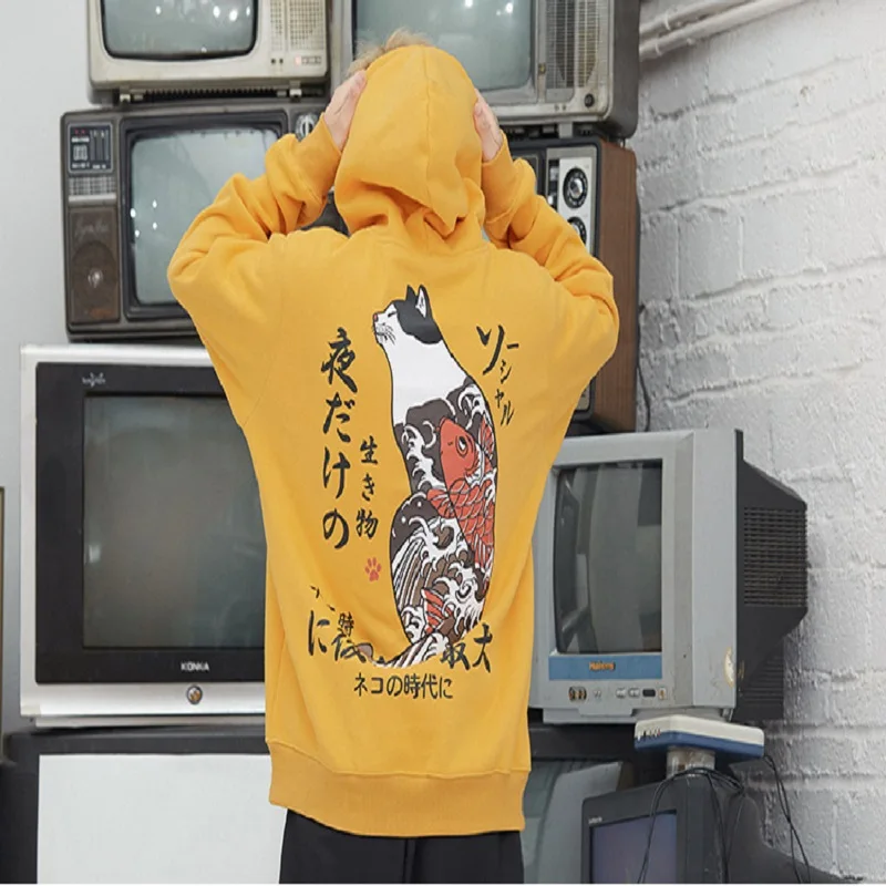 Мужская толстовка с капюшоном японский Ukiyo E Cat принт хип хоп толстовки уличная флисовый пуловер толстовка хлопок