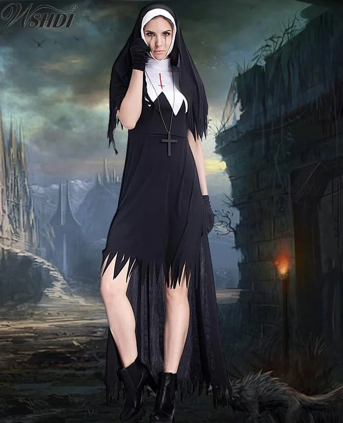 Сексуальный черный костюм Мэри Девы, костюм ведьмы для косплея, костюм на Хэллоуин, маскарадный костюм католической монахини, нарядное платье
