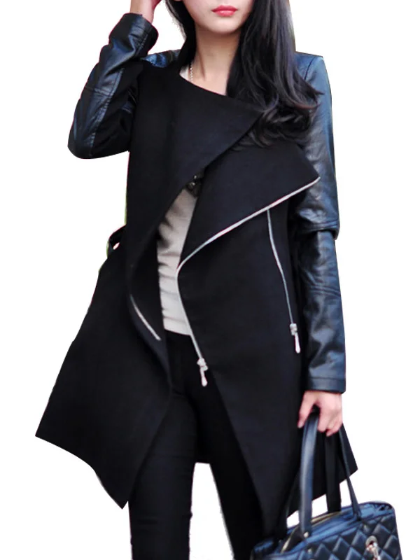 Faux Leather Patchwork Long Sleeve Fashion Womens Pea Coatcoat women
