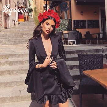 

Bqueen 2019 New Women's Sexy Solid Bodycon Butterfly Long Sleeve Falbala Dress Party Club Dress