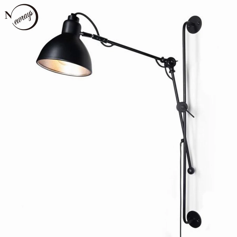 Comprar Nórdico clásico ajustable moderno industrial largo brazo oscilante negro lámpara de pared sconce vintage E27 luces para vestíbulo de dormitorio de baño