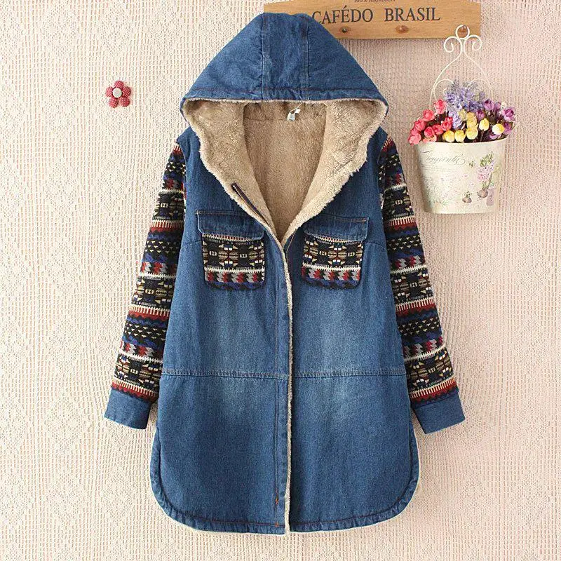 

Denim Women Long Section Students Loose Thickening Lamb Fur Hooded Jacket Winter Clothing Pregnancy Coat Maternity Outerwear